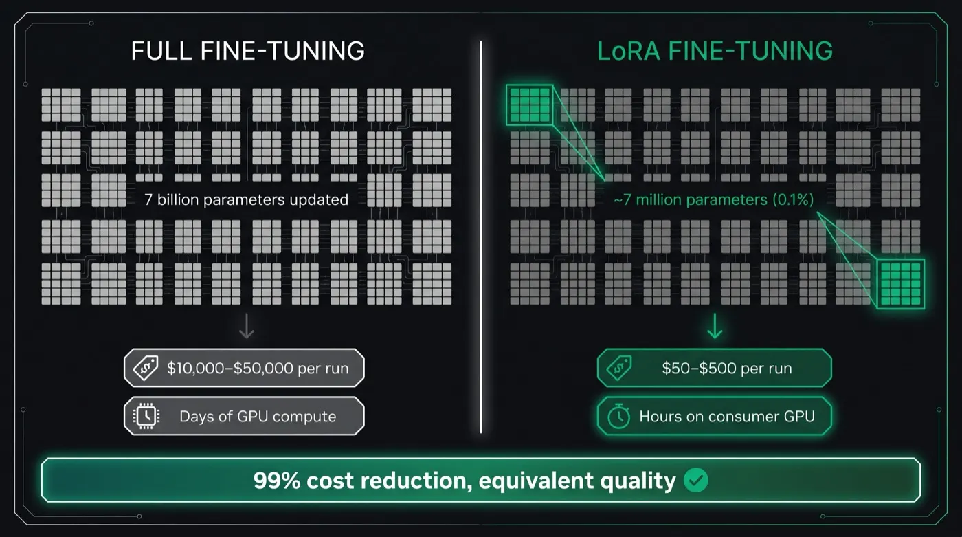 LoRA vs full fine-tuning cost comparison: full fine-tuning updates 7 billion parameters costing $10,000 to $50,000 per run over days of GPU compute, while LoRA fine-tuning updates only 7 million parameters (0.1%) costing $50 to $500 per run in hours on a consumer GPU — 99% cost reduction with equivalent quality